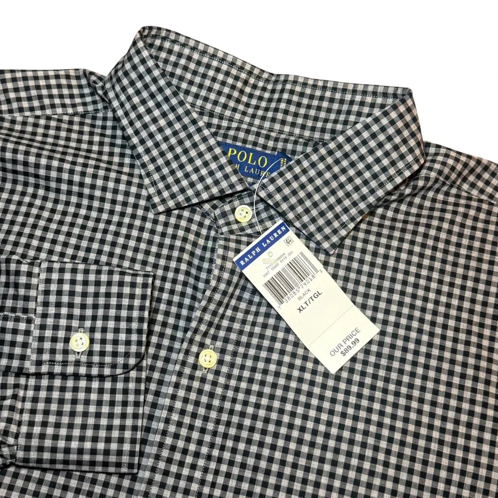 Polo Ralph Lauren Mens XLT Black Gingham Cotton Stretch Button Down Shirt L/S